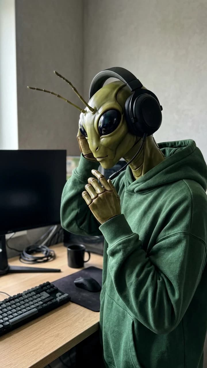 Ori Mantis, a fictional adult creature gaming creator, adjusting a single headset with one hand at a clean gaming desk
