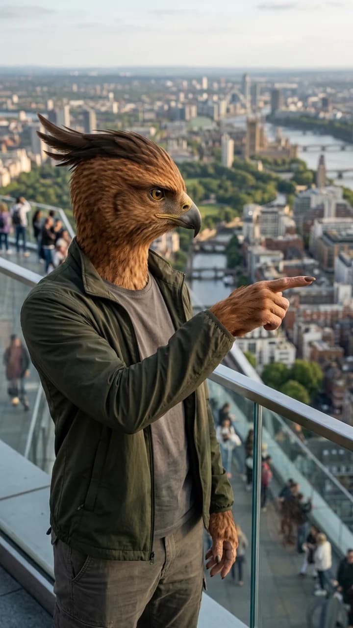 Quill Aero, a fictional adult hybrid travel creator, pointing out landmarks from a high city observation deck