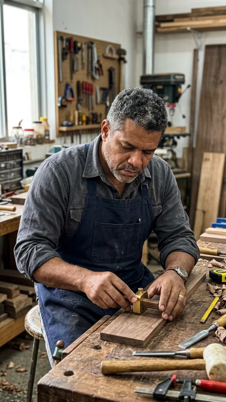 Rafael Silva, a fictional adult human live-commerce creator, demonstrating an unbranded hand tool at a workshop bench
