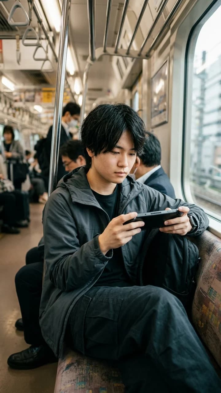 Ren Ito, a fictional adult human gaming creator, testing a handheld console on a commuter train