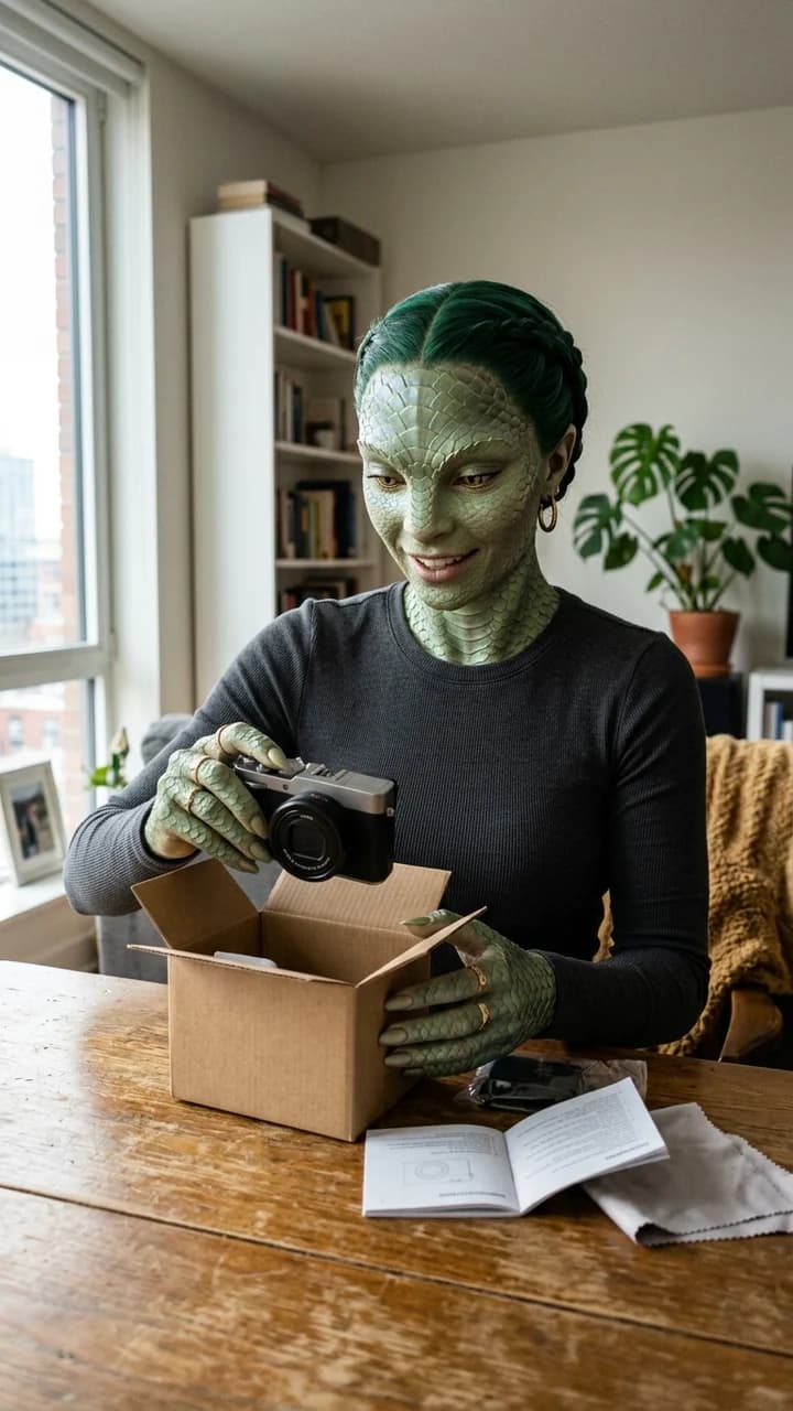 Rhea Scale, a fictional adult hybrid ugc creator, unboxing a compact camera in a modern apartment with expressive natural gestures