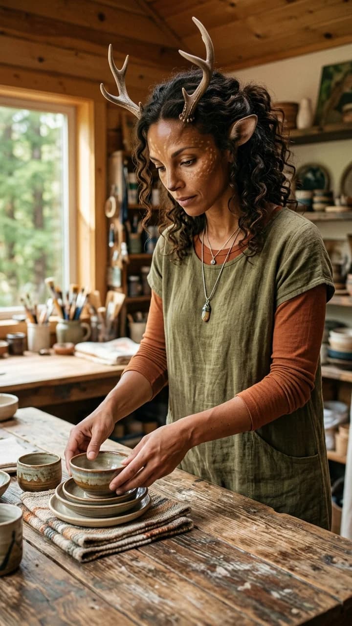 Sable Antler, a fictional adult hybrid storytelling creator, arranging handmade objects on a wooden table in a forest cabin