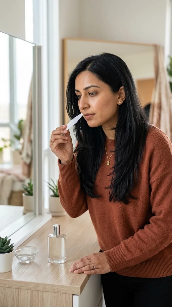 Samira Khan, a fictional adult human beauty creator, testing a fragrance blotter at a clean vanity without showing a brand