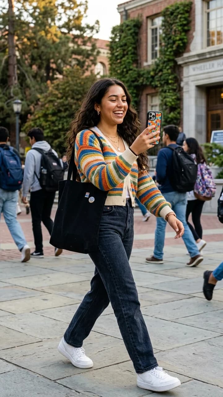 Sofia Alvarez, a fictional adult human ugc creator, walking across an adult university campus while recording a cheerful diary clip