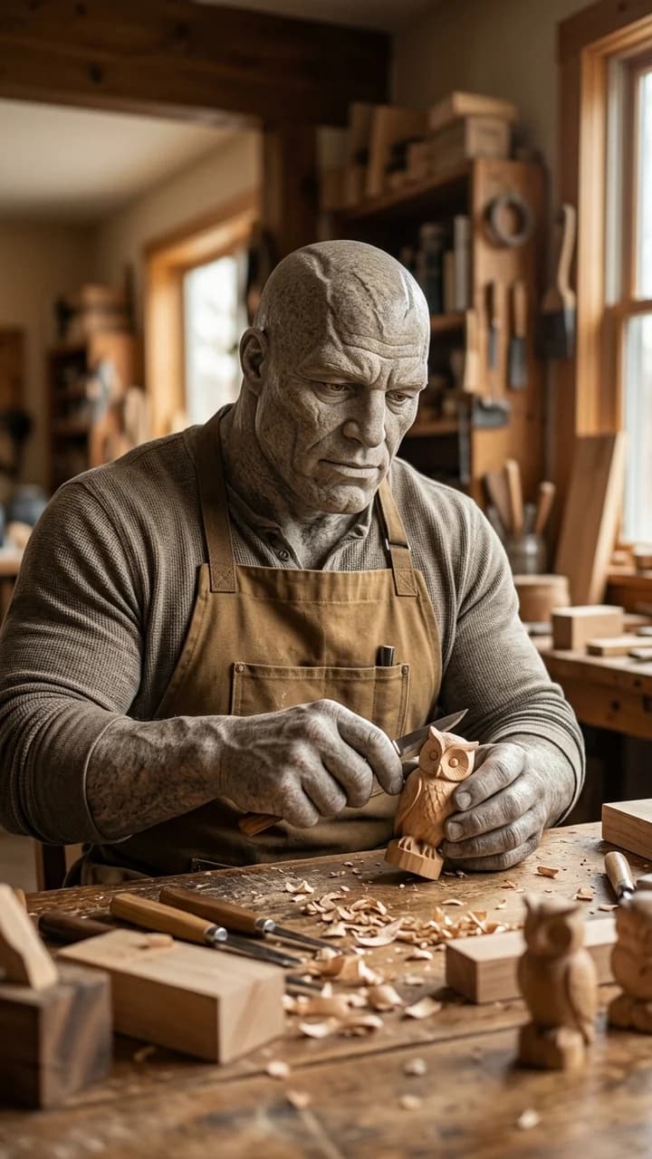 Sol Granite, a fictional adult creature storytelling creator, carving a small wooden figure at a warm workshop bench