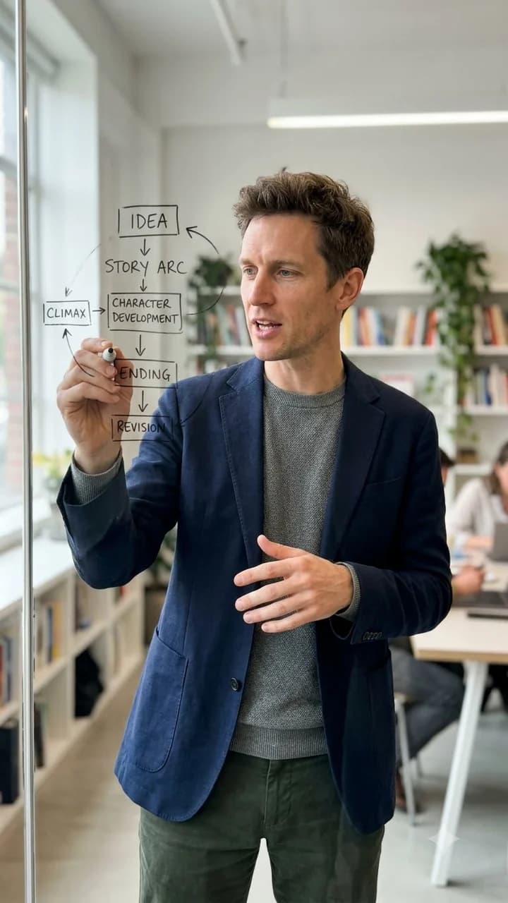 Theo Grant, a fictional adult human storytelling creator, sketching a story map on glass while speaking to an off-axis camera