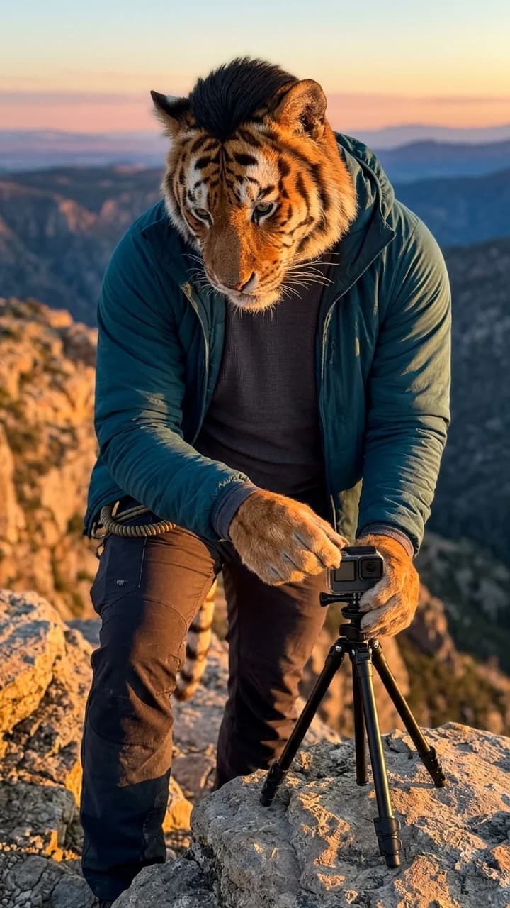 Tora Stripe, a fictional adult hybrid outdoors creator, setting a small action camera on a cliffside tripod at sunrise