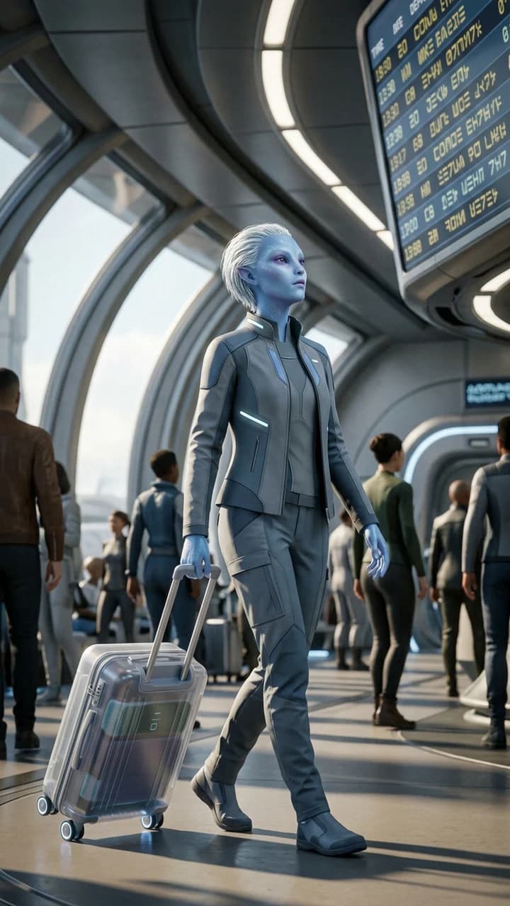 Vexa Orbit, a fictional adult creature travel creator, checking a departure board while pulling a translucent carry-on through a spaceport