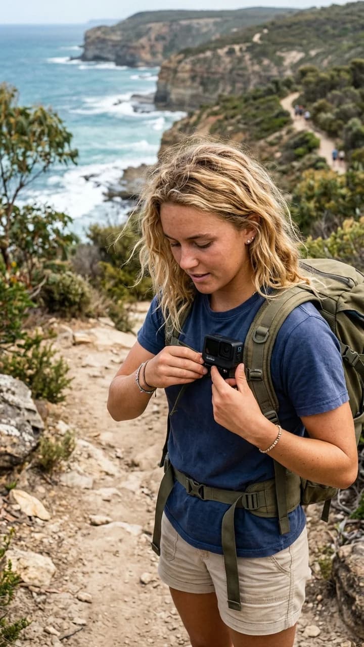 Zoe Mitchell, a fictional adult human outdoors creator, clipping a camera to her backpack before a coastal hike