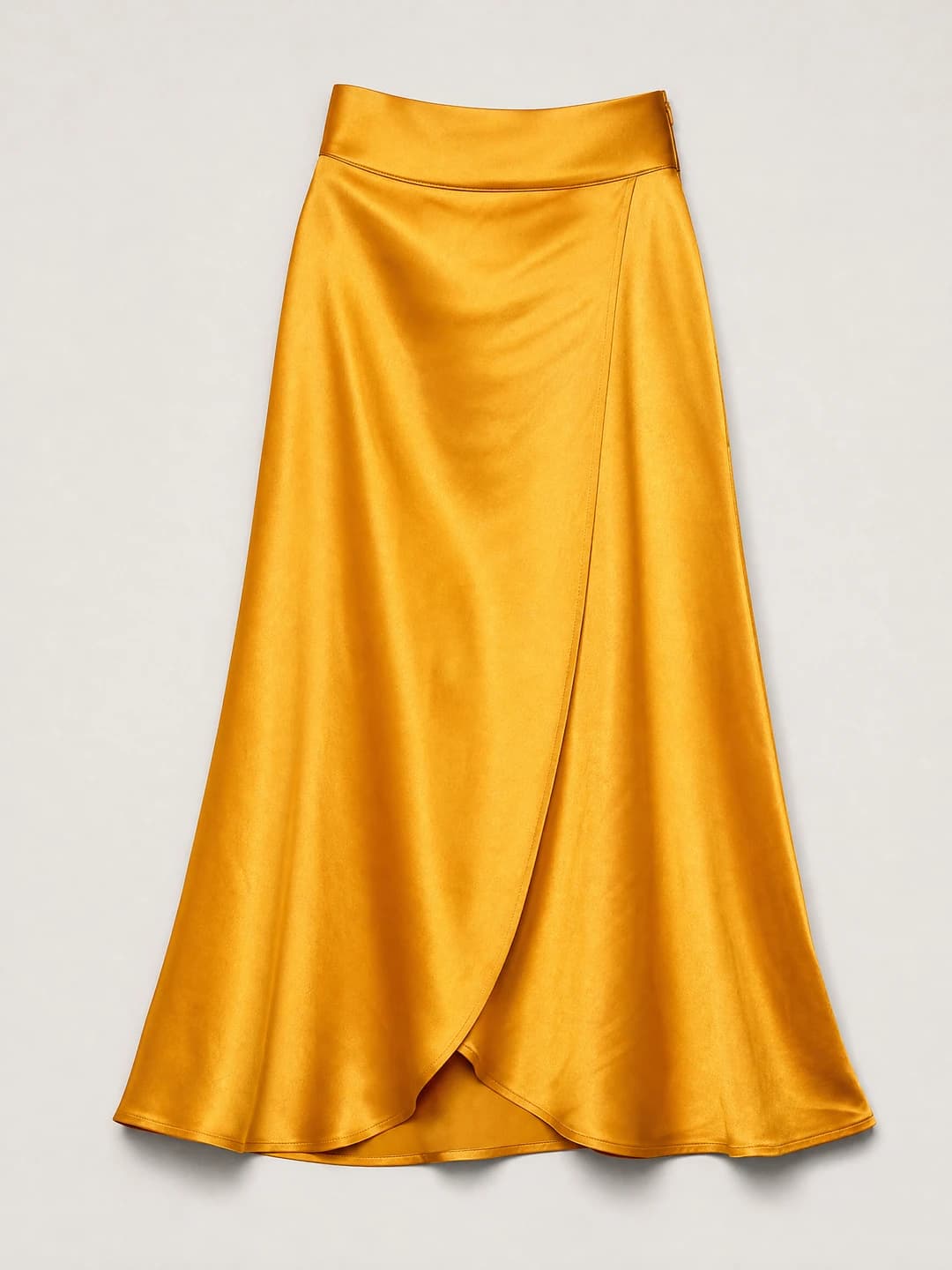 Fictional saffron satin midi skirt with shaped waistband and realistic drape.