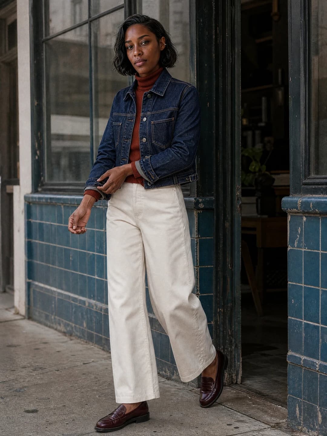 Same fictional adult creator wearing the cropped indigo denim jacket in a candid street editorial.