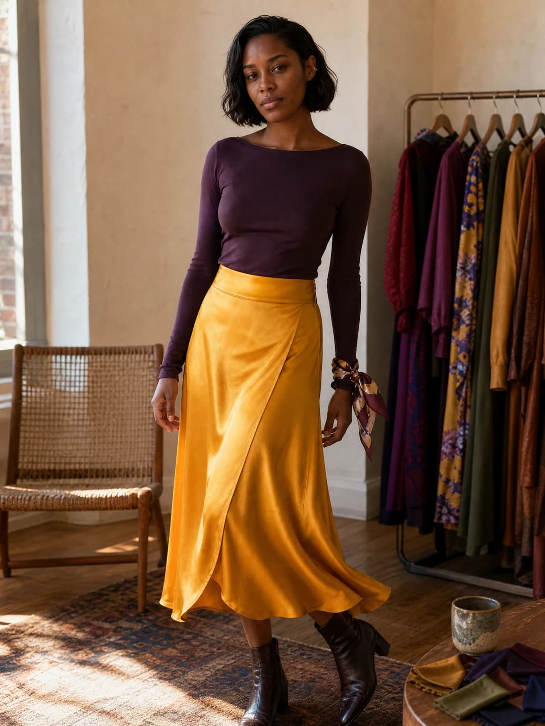 Same fictional adult creator wearing the saffron satin skirt in a natural home-studio lifestyle photograph.