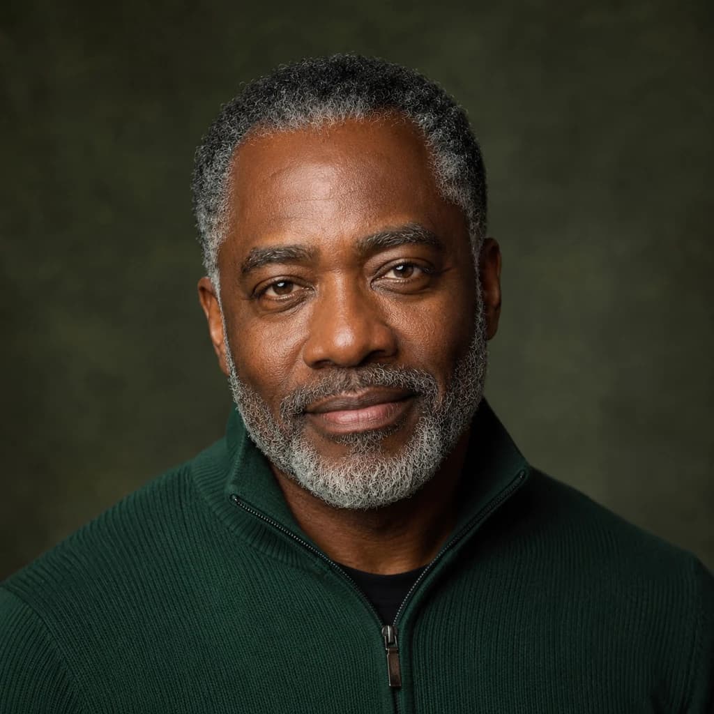 Original fictional older adult man in soft studio light