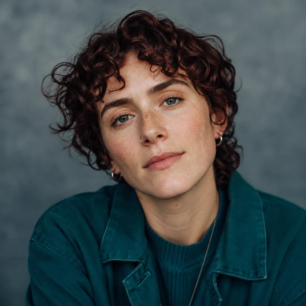 Original fictional nonbinary adult with auburn curls