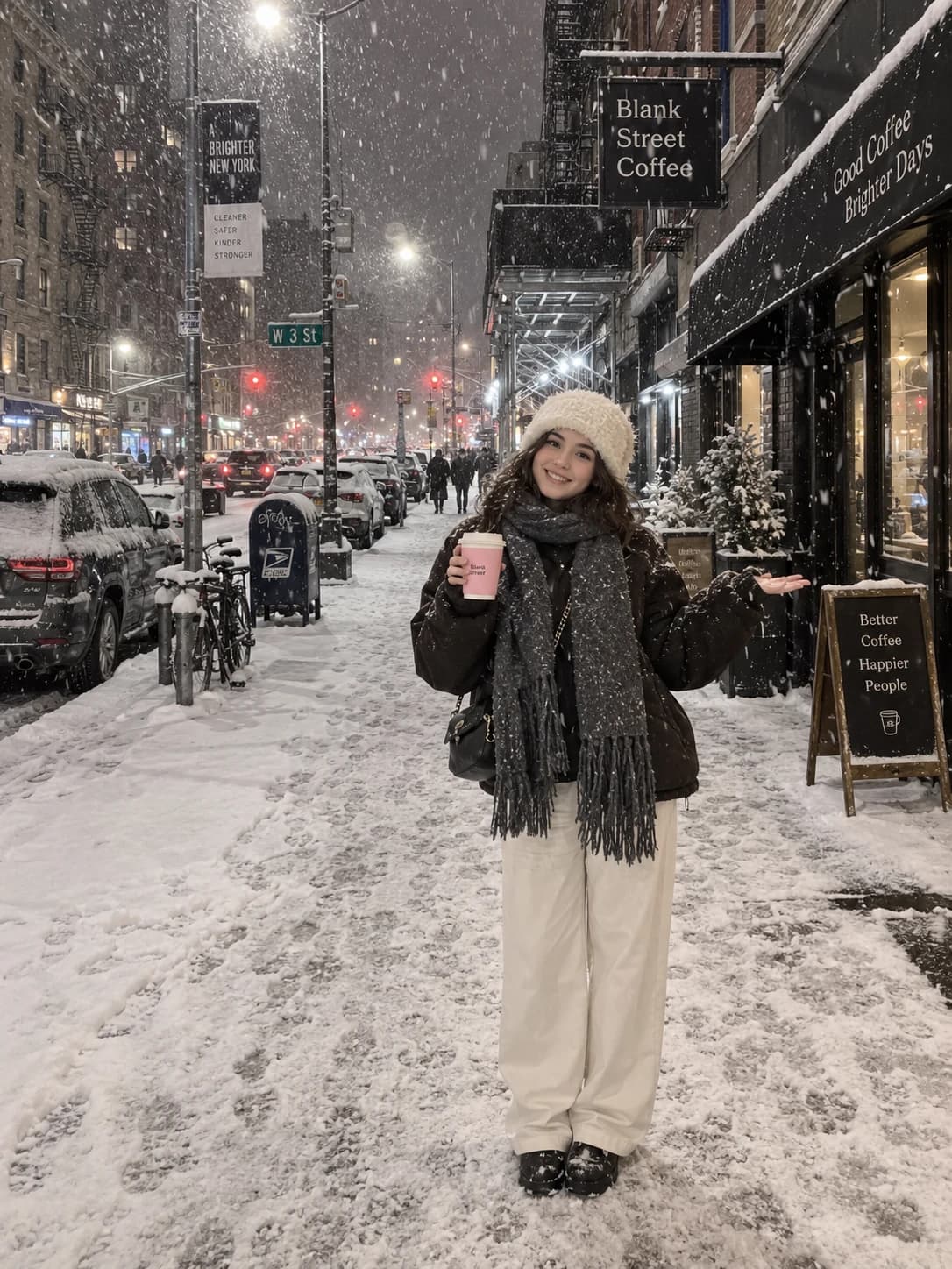 Virtual creator holding a takeaway coffee on a snowy city sidewalk at night