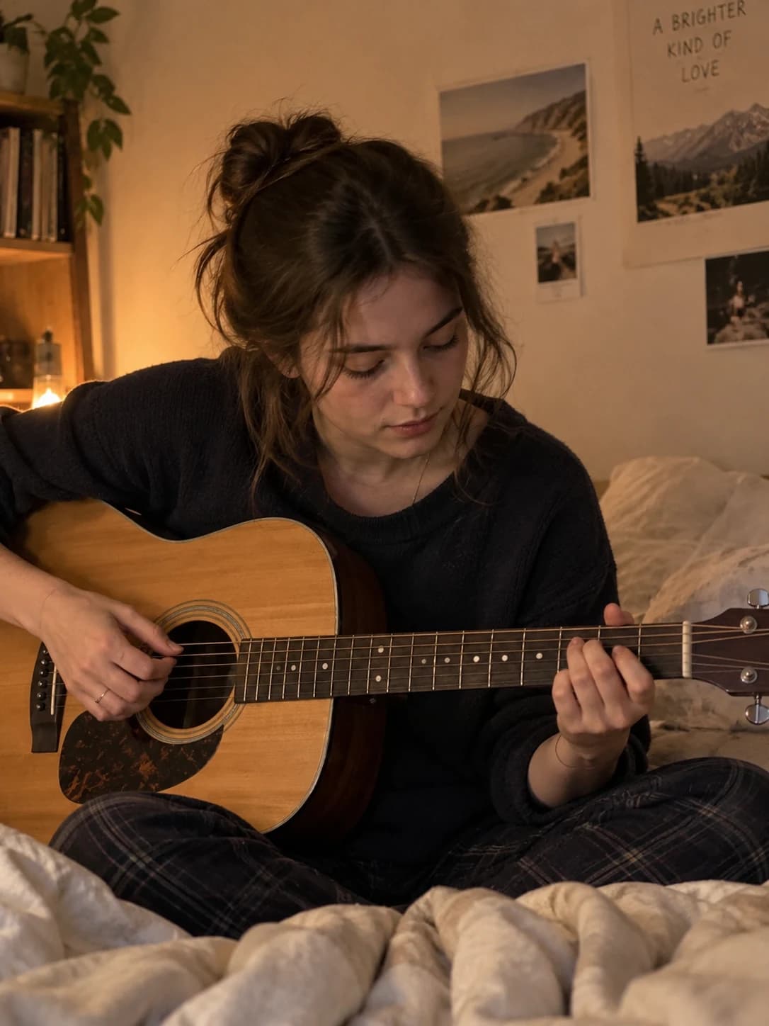 Virtual creator looking down at an acoustic guitar while seated on a bed in warm lamplight