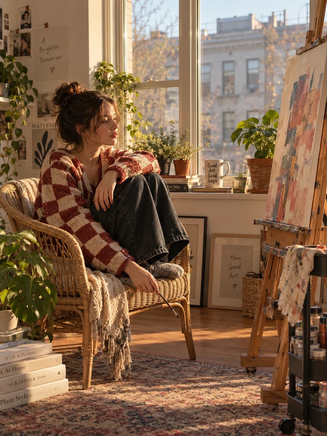 Fictional artist in a striped cardigan seated beside an easel and sunlit plants