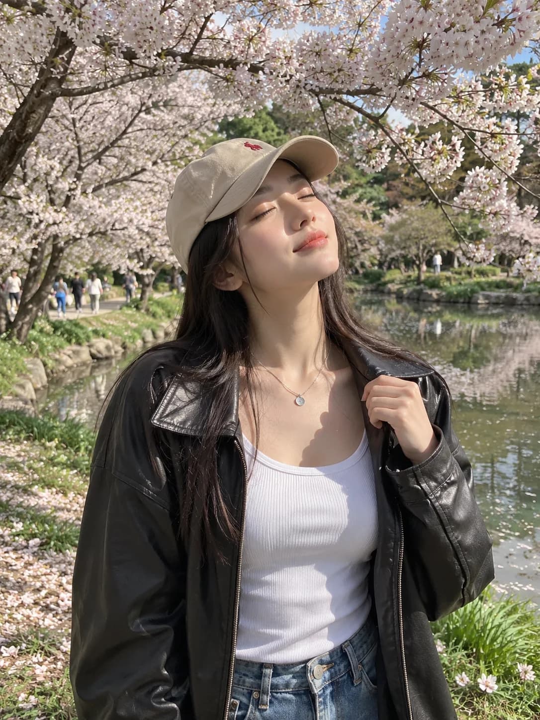 Fictional creator beneath cherry blossoms beside a stream, wearing a leather jacket and beige cap