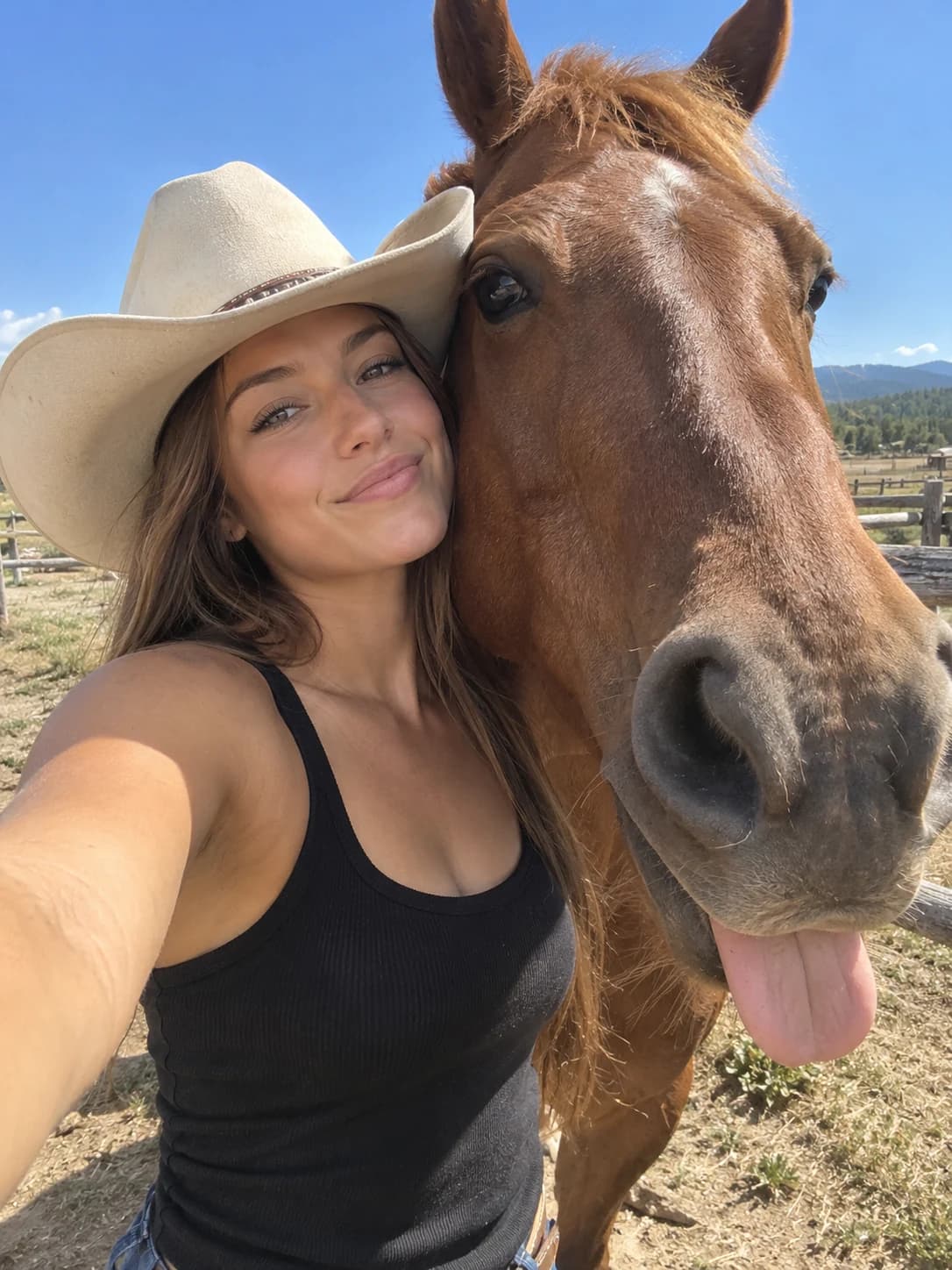 Adult virtual creator in a cowboy hat taking a close portrait beside a chestnut horse
