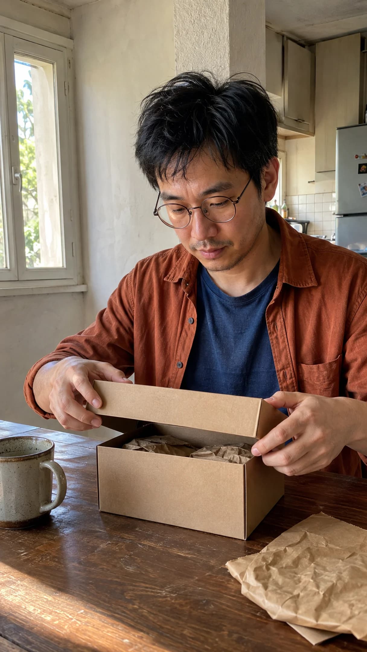 Fictional adult creator opening a plain cardboard box at a kitchen table.