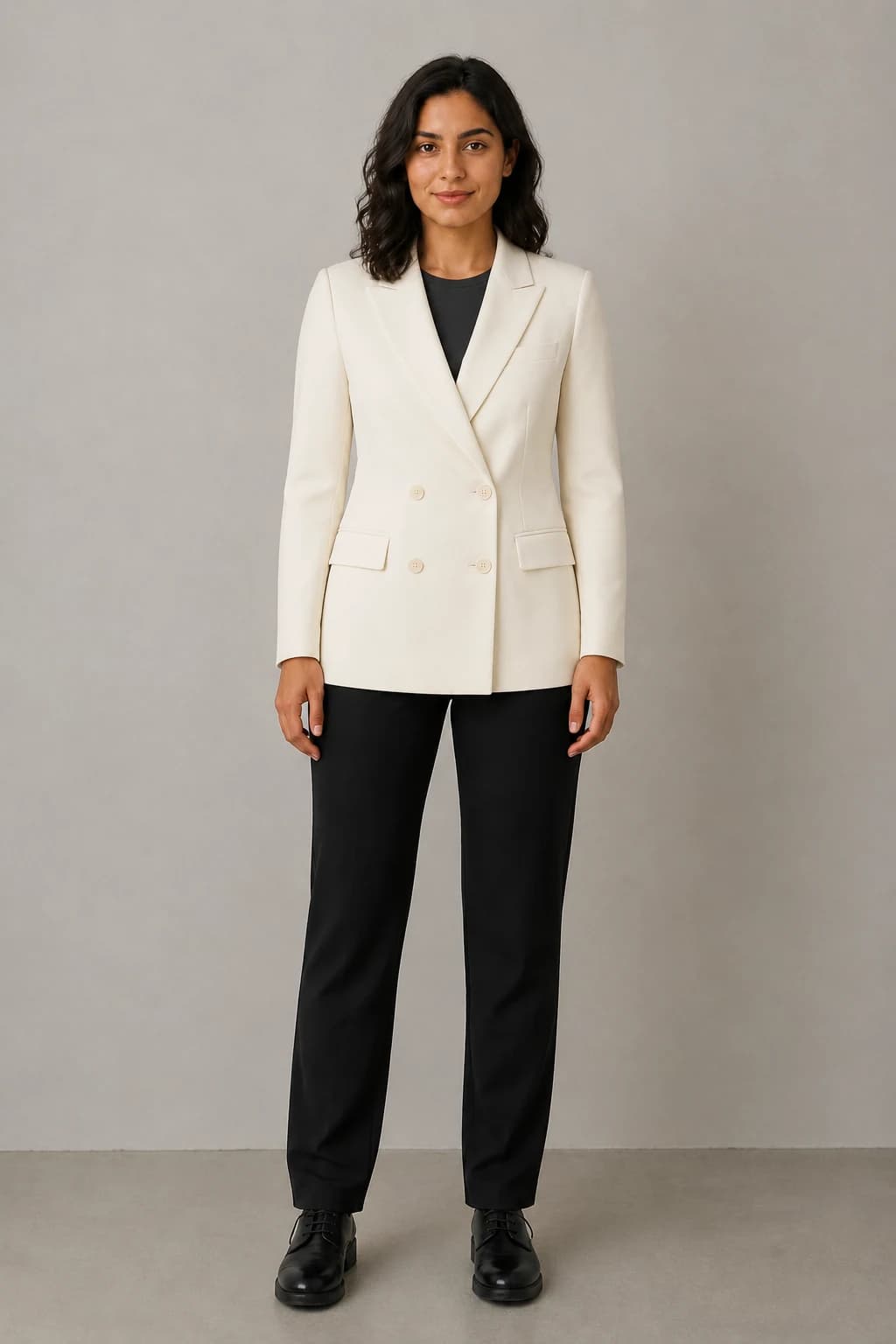 AI-generated product output of a fictional adult wearing an unbranded ivory blazer.