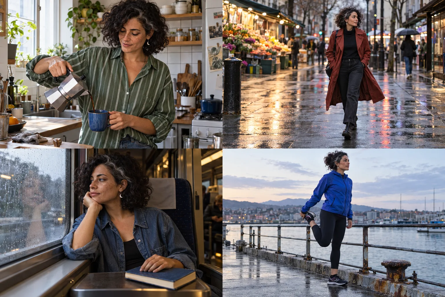 The same original virtual creator Mara in four scenes: making coffee, street styling, a night train and a harbor run.