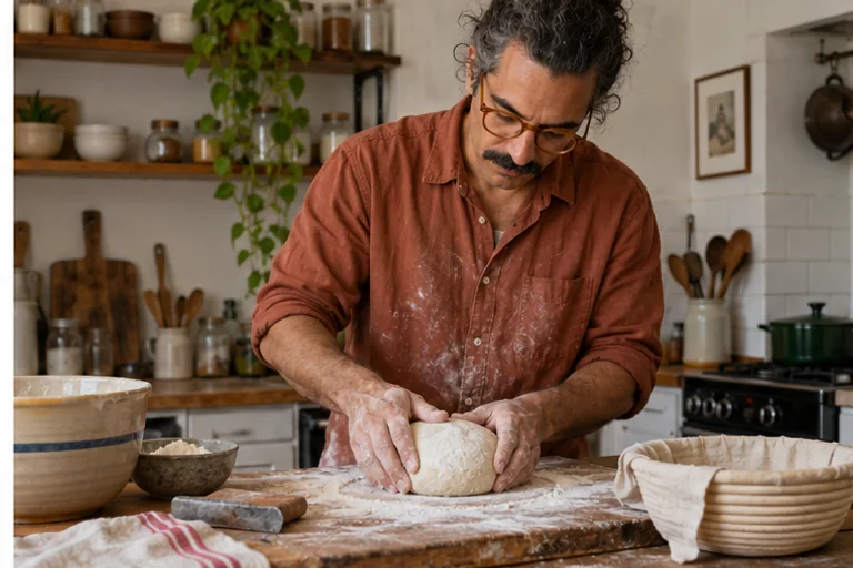 Ivo shapes a small loaf on a flour-dusted wooden board in a home kitchen.