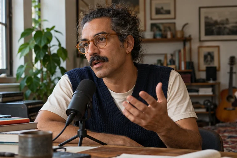 Ivo leans toward a compact microphone in a book-filled home recording corner.