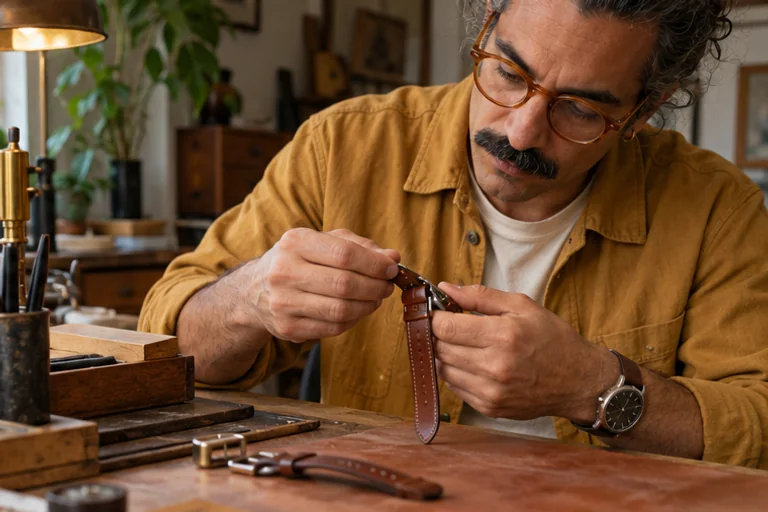 Ivo adjusts a brown leather watch strap at a worn workbench.