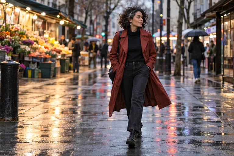 Mara walks along a wet market street in a brick-red trench coat and black boots.