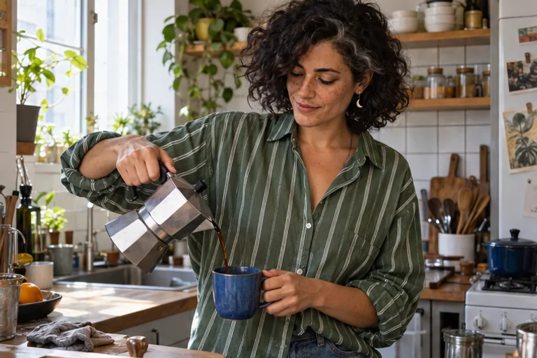 Mara pours coffee from a steel moka pot into a blue mug in a tiled apartment kitchen.