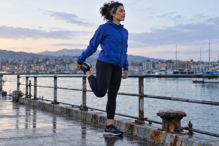 Mara holds one ankle in a standing stretch beside a harbor railing at dawn, wearing a blue running jacket.