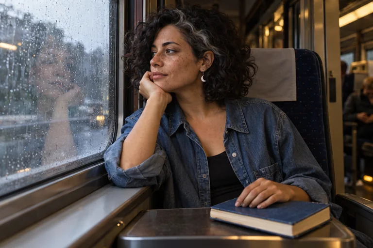 Mara sits by a rain-streaked night-train window with a closed book.
