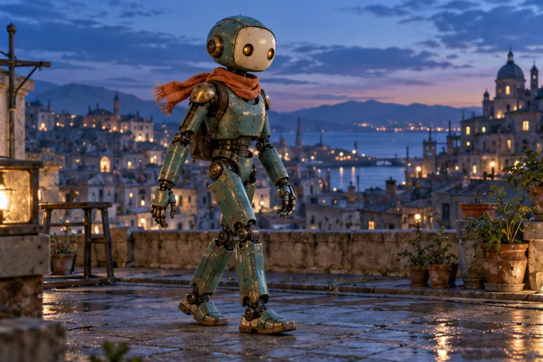 Pip, a teal retro robot with an orange scarf, takes a side-step on a rooftop at blue hour.