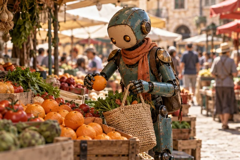 Pip places an orange into a woven bag at an outdoor produce market.