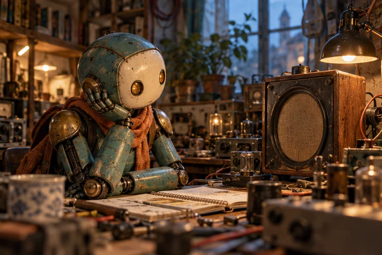 Pip listens beside a vintage speaker in a cluttered radio workshop.