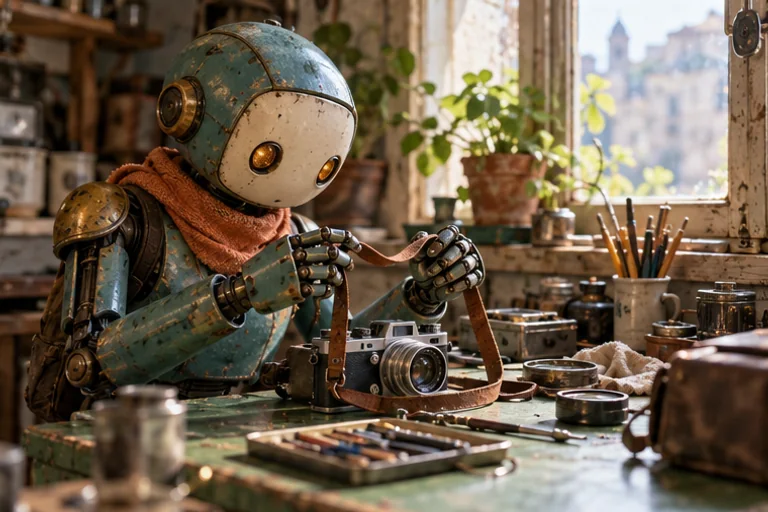 Pip works on a vintage camera strap at a green repair bench.