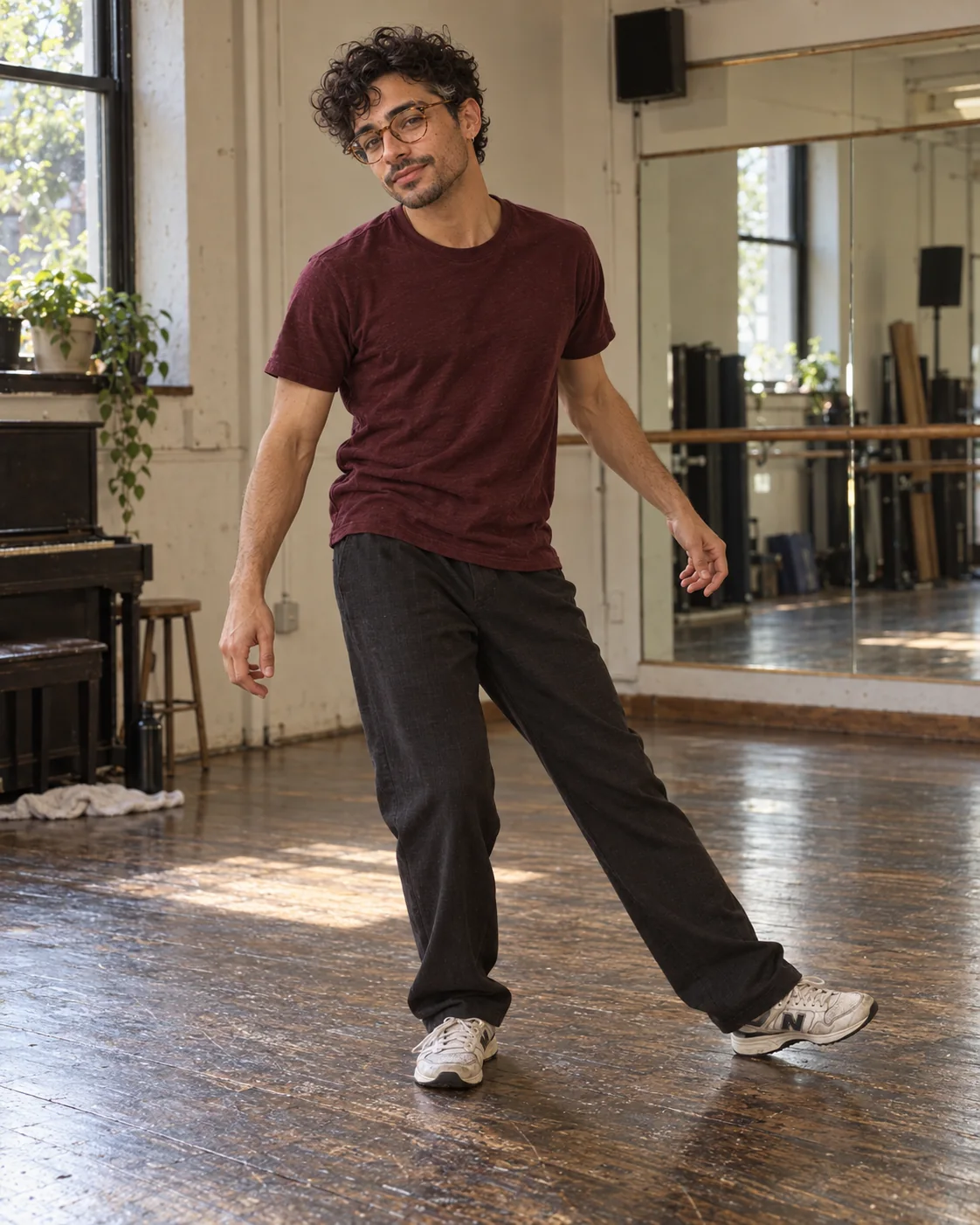 Full-body grounded side-step by Eli in a dance studio, a static AI motion storyboard example
