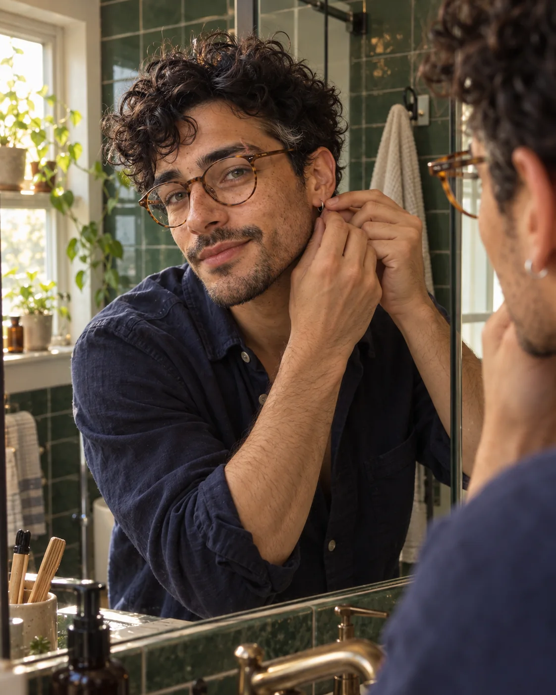 The same fictional adult creator adjusting his ear hoop in a bathroom mirror for a GRWM storyboard