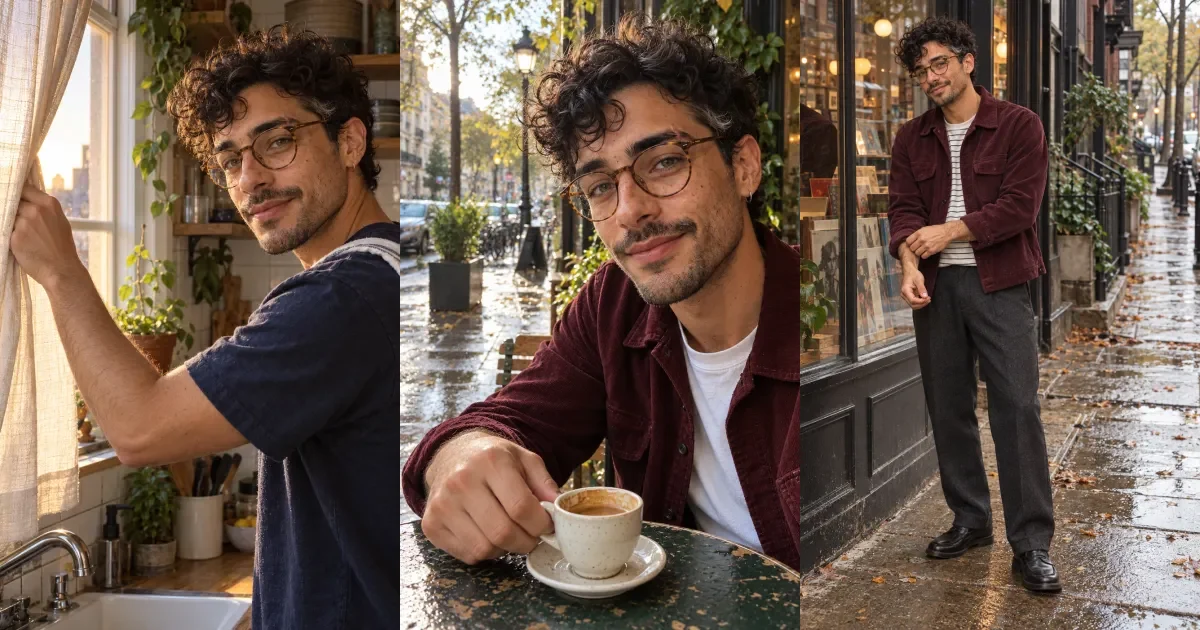 Existing fictional adult creator Eli across home, café and street scenes, illustrating reusable content themes