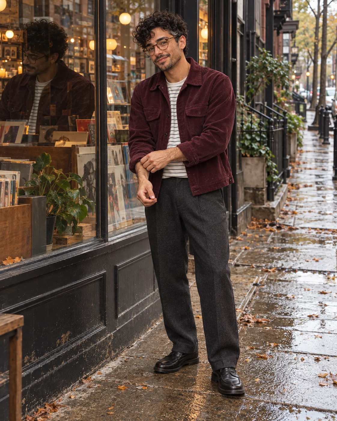 Full-body AI outfit example of Eli adjusting a burgundy jacket cuff outside a shop window
