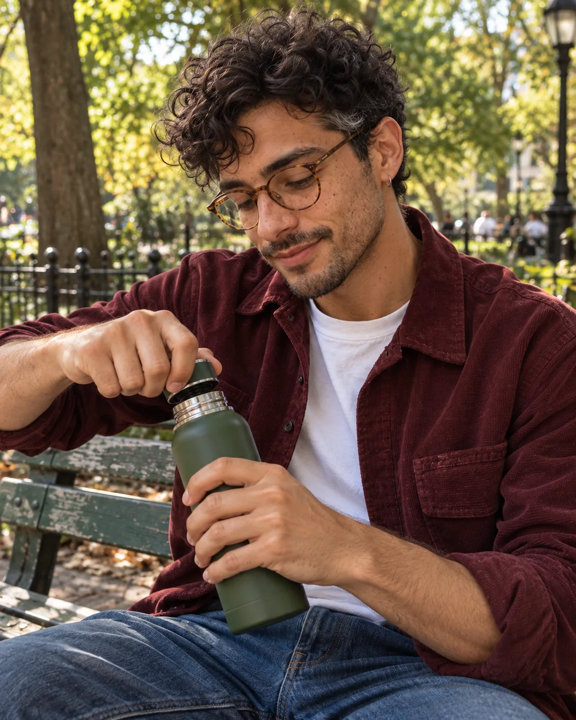 Fictional AI product concept showing Eli opening a green stainless bottle with a natural grip