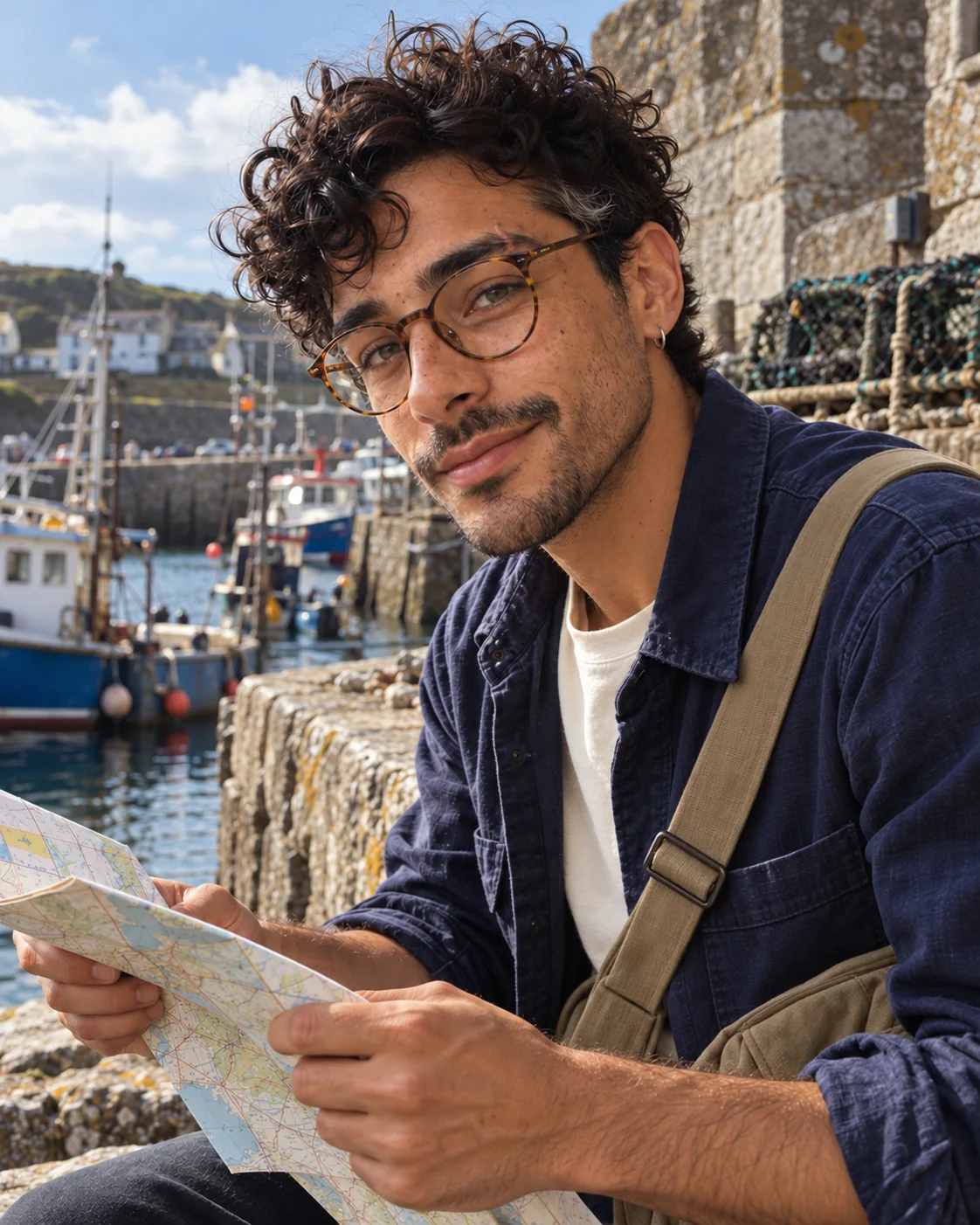Existing Eli scene with the same navy overshirt, glasses and harbor setting, holding a map for a closer storytelling frame