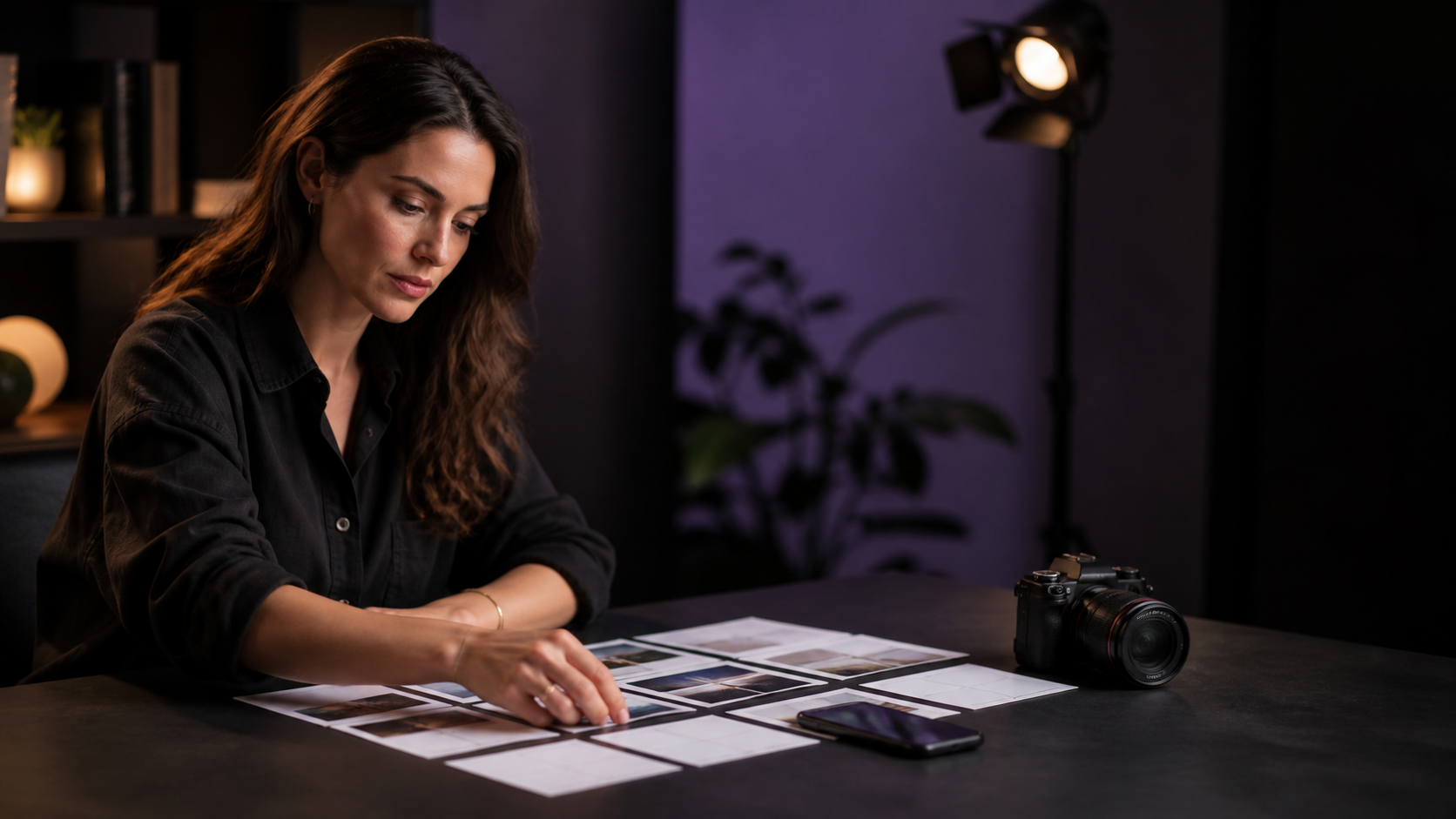 Fictional adult content strategist planning a short-form video sequence at a dark studio desk.