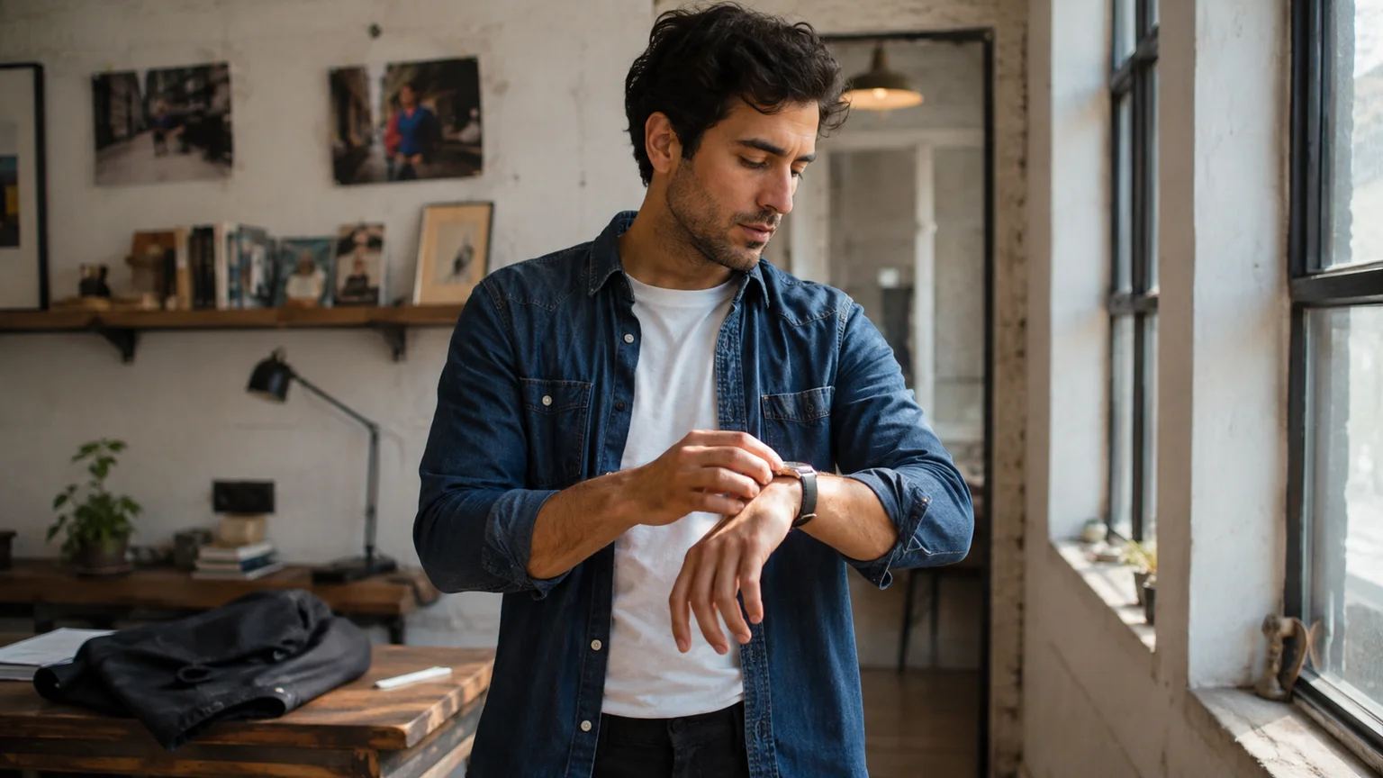 Fictional adult male lifestyle creator adjusting his wristwatch beside a sunlit workshop window.