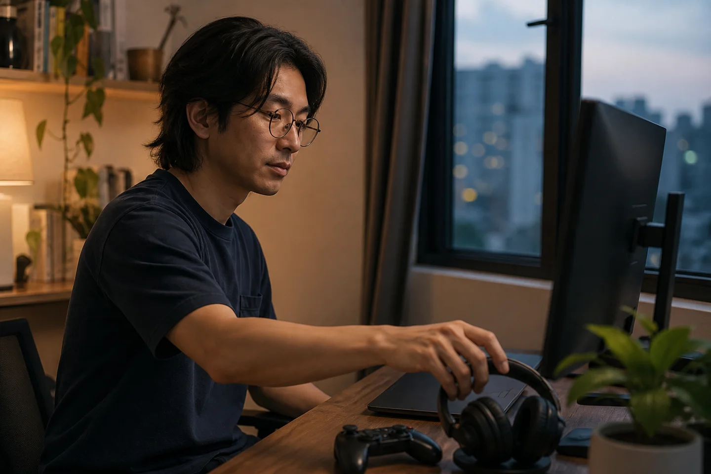Fictional adult gaming creator placing headphones next to a controller at his home desk.