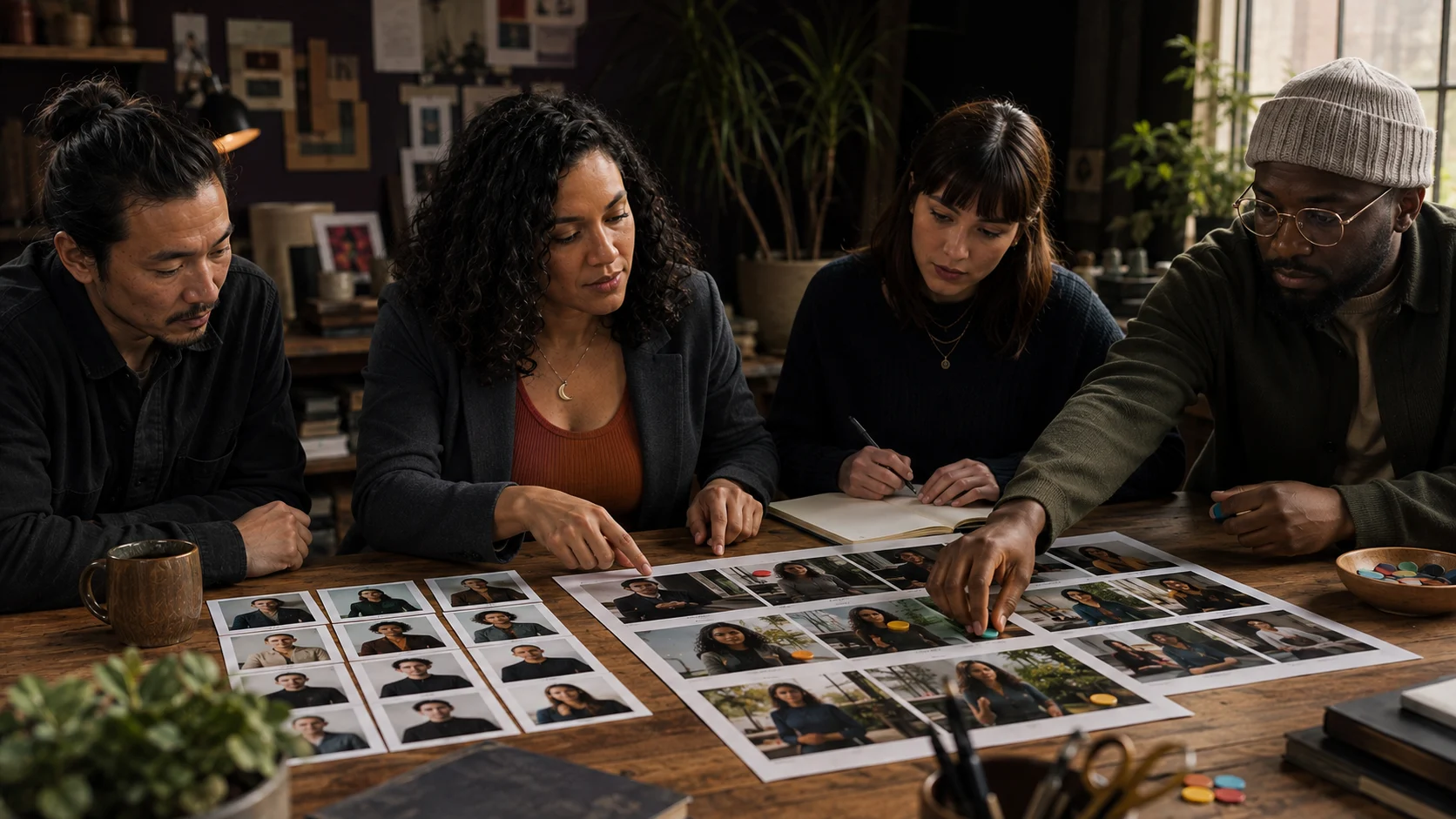 An adult campaign team comparing a human creator shortlist with consistent assets for one fictional adult character.