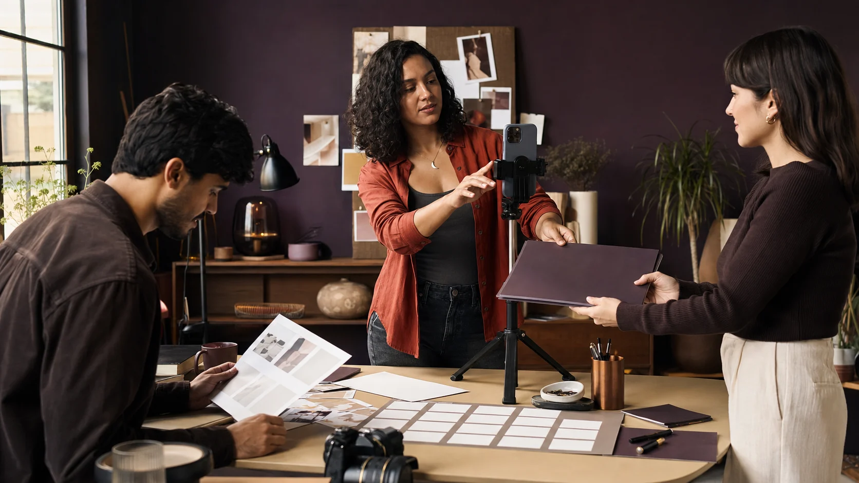 A fictional adult creator and campaign team coordinating identity, content production, asset review, and publishing handoff.