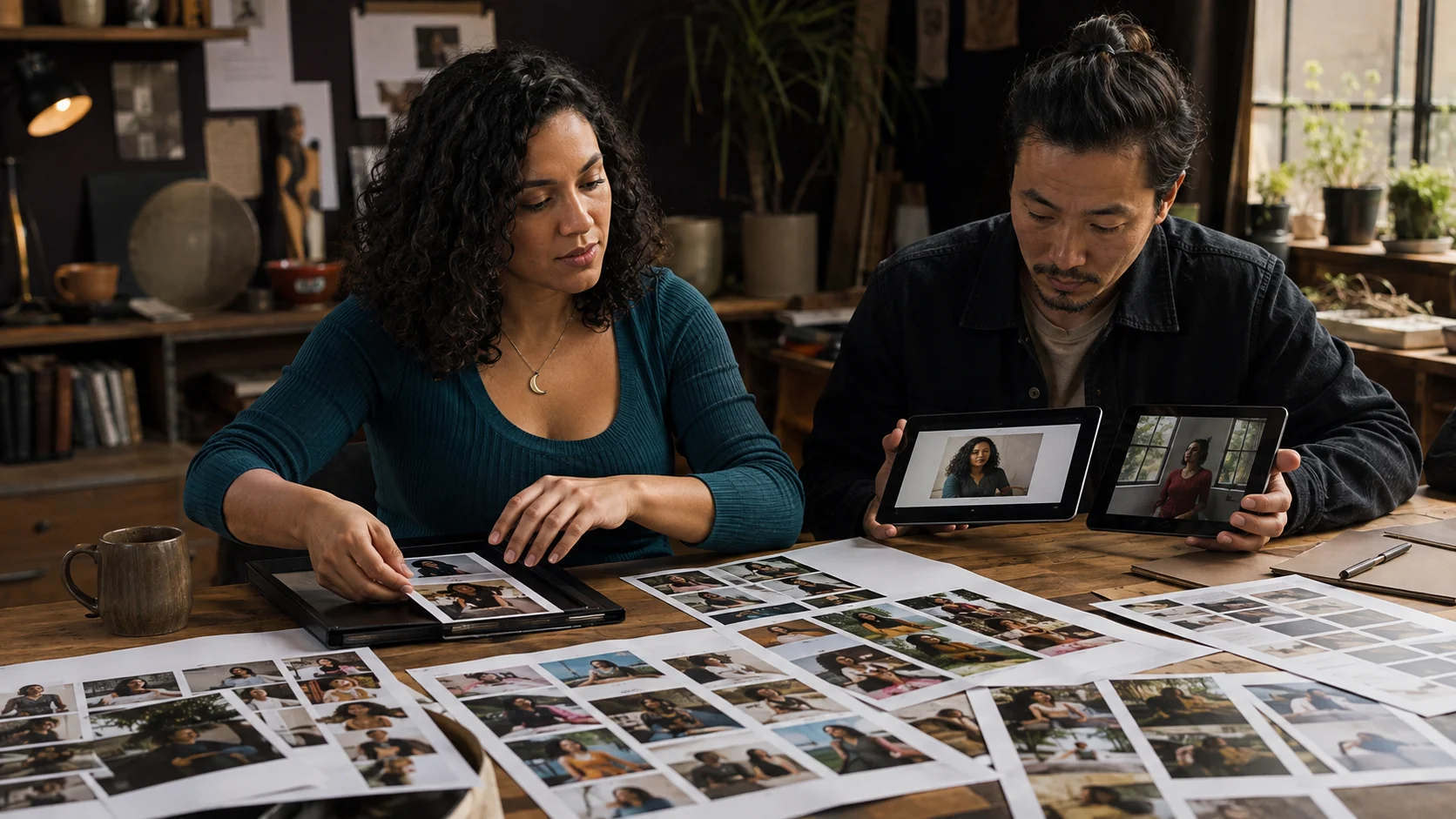 A fictional adult creator and a producer sorting consistent photo and short-video materials at a studio table.