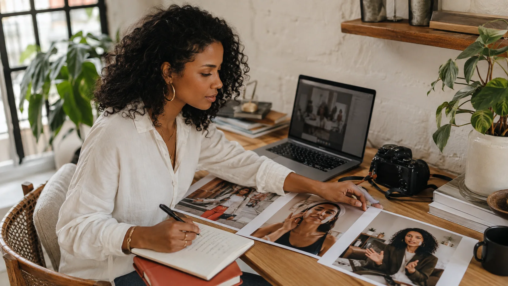 A creative marketer reviewing consistent campaign photographs of one fictional adult virtual creator in a sunlit studio.